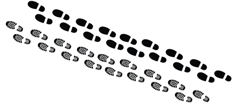 Parallel trails of textured shoe soles and flat footsteps tracking a forward path