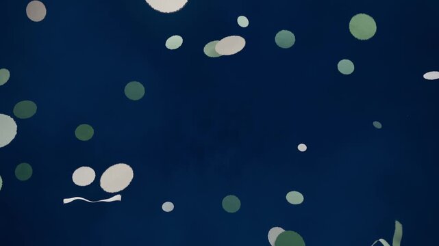 Showing navy-blue fabric with camera drift moving green pale dots and ribbons to reveal design
