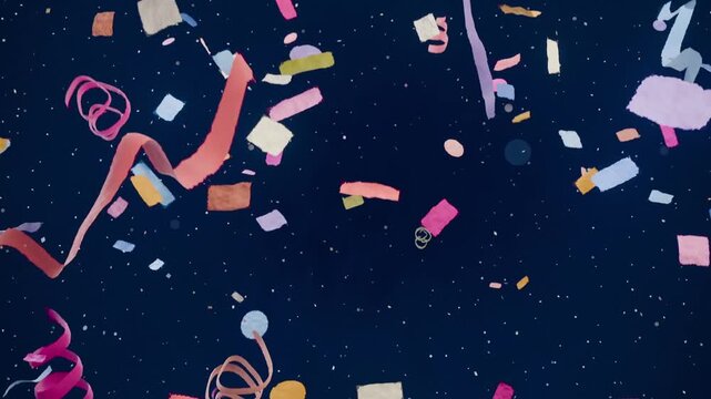 Falling pastel confetti cluster unfolding and drifting across navy backdrop with curled streamers
