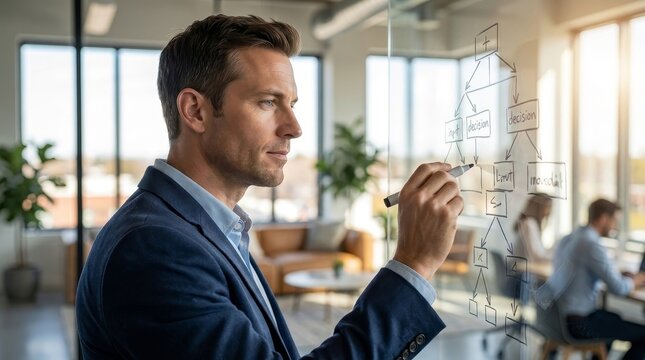 Data Scientist Drawing Algorithm on Glass Board in Modern Tech Office