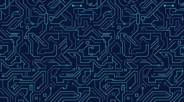 Abstract dark blue background with intricate circuit board pattern and glowing lines