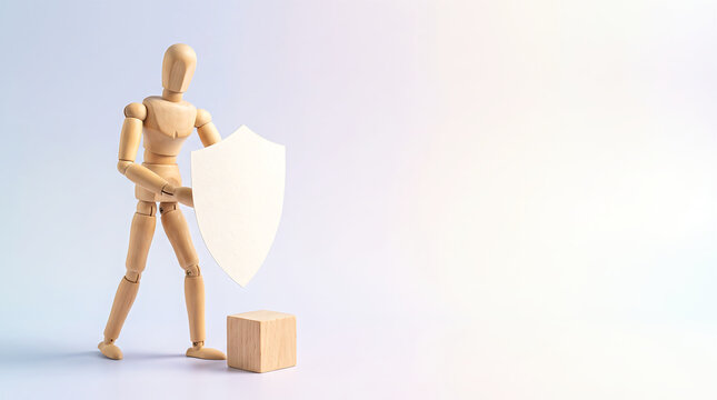 Marketing performance management risk shield wooden mannequin concept with copy space for business presentation slide