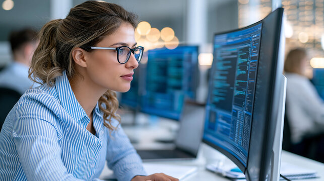 Female data engineer examining database relationships and query results on a large monitor, professional office with a laptop and notes, data engineering, SQL programming,