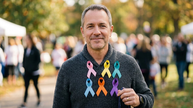 Man with Awareness Ribbons Community Support Outdoor Event Fundraising Walk