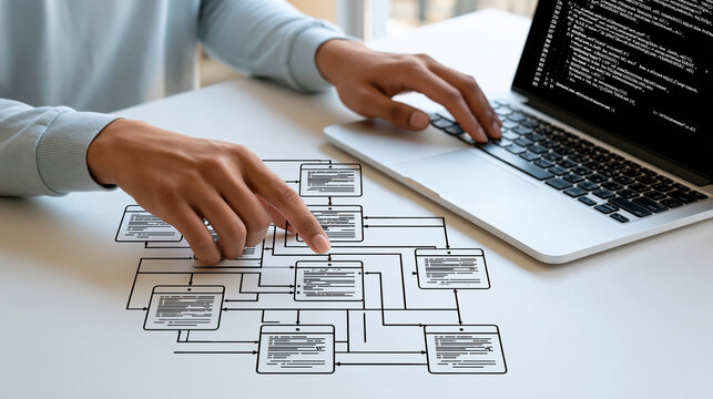 Relational database architecture displayed as an entity relationship diagram with connected tables and structured data fields, developer hands entering SQL queries on a laptop,