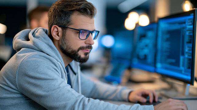 Technology team member reviewing code quality metrics and automated test results on a computer screen, professional development environment, software quality assurance, code