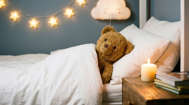 Cute brown teddy bear sleeping soundly in a cozy bed with white bedding, illuminated by a warm candle and star-shaped string lights in a child's bedroom at night, concept of comfort and childhood drea