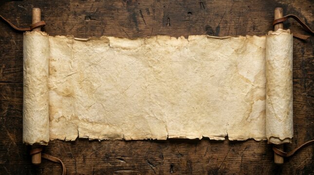 Old blank parchment scroll with aged, textured paper and wooden rods, tied with leather straps on a dark rustic wood background, offering copy space, concept of history and ancient knowledge