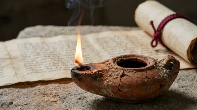 Ancient clay oil lamp with a burning wick and smoke, illuminating old parchment scrolls with text on a rustic stone surface, concept of ancient wisdom and knowledge