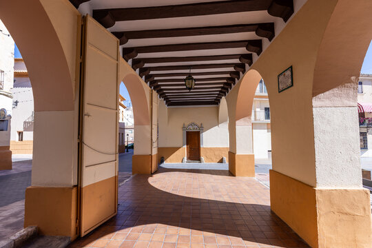A porticoed building situated in the Plaza de la Iglesia in Caudete, known as the Sala de la Villa, Albacete, Castilla-La Mancha, Spain
