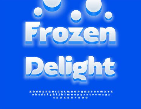 Vector Delicious Promotion Frozen Delight. Elegant Glowing White Font. Amazing Alphabet Letters and Numbers set.
