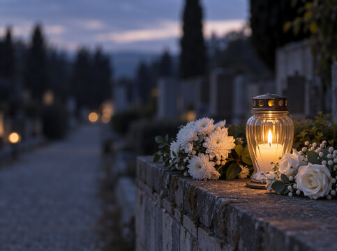 Lit candle in a glass lantern and white flowers on a grave in a cemetery at dusk. All Souls' Day remembrance concept