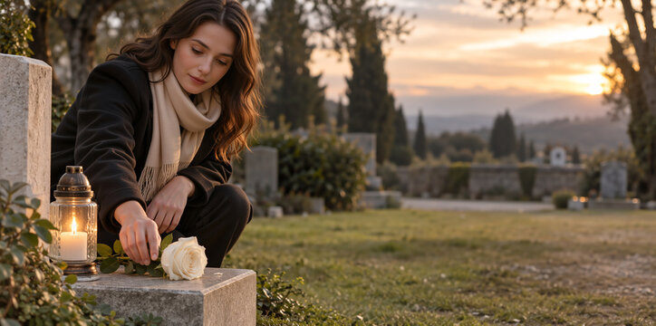 Mourning woman placing a white rose on a gravestone in a cemetery at sunset. Remembrance and grief concept
