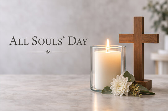 Lit candle with wooden cross and white chrysanthemum on marble table. All Souls' Day text background. Religious memorial concept