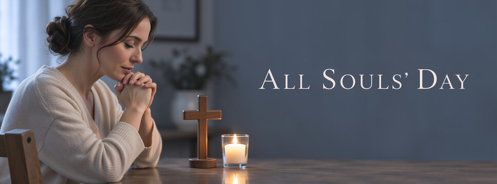 Woman praying at table with wooden cross and lit candle. All Souls' Day banner with text. Faith and remembrance concept