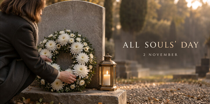 Woman placing white flower wreath on headstone in cemetery. All Souls' Day banner with text for November 2. Mourning and remembrance concept