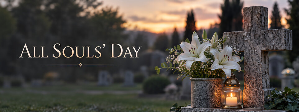 All Souls Day text banner with stone cross and white lilies in a cemetery. Lit candle in lantern by a grave at dusk. Catholic remembrance tradition