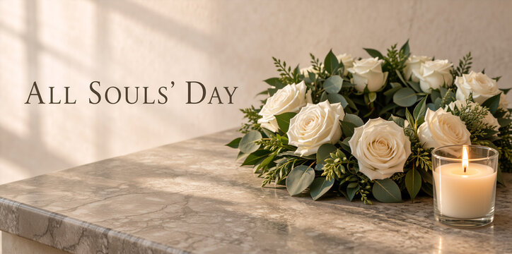 White rose wreath and lit candle on marble surface with sunlight. All Souls' Day banner with text. Memorial and mourning concept