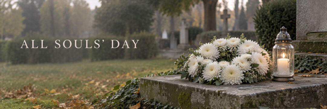 White flower wreath and lit candle on an old mossy tombstone in an autumn cemetery. All Souls' Day text overlay on a misty background
