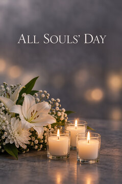 Vertical photo of lit candles and white flowers on a grey surface. All Souls Day text with warm bokeh background. Memorial and remembrance card