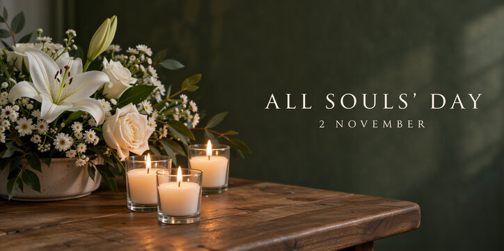Lit candles and white floral arrangement on a wooden table. All Souls Day banner with text 2 November against a dark green wall. Indoor memorial tribute