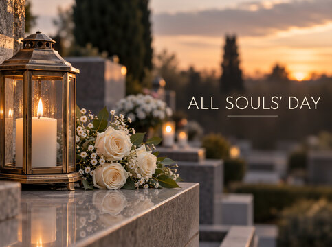 Lit candle in a bronze lantern and white roses on a polished tombstone in a cemetery at sunset. All Souls' Day memorial text