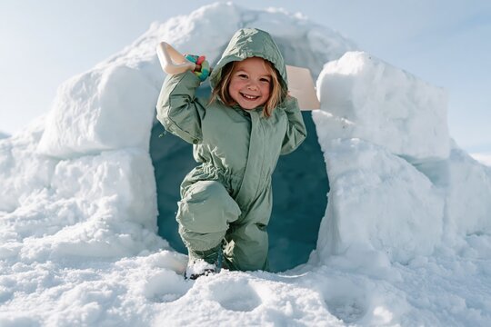 Smiling child emerging from igloo in green snowsuit holding toy shovel for playful winter kids background and family activity poster