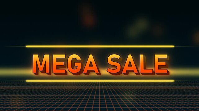 Mega Sale promotional text animation with 3D golden foil letters with shine in sunset orange colors on synthwave grid background, 4K
