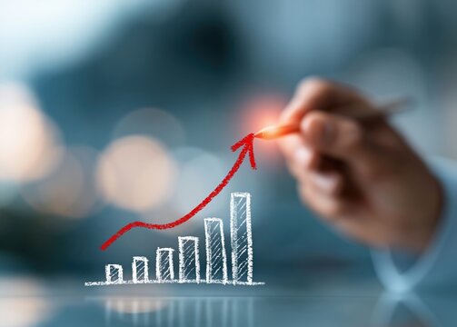 A hand holding a pencil draws a red upward arrow and bar chart on a transparent surface, symbolizing business growth. The image features a shallow depth of field with a blurred background.