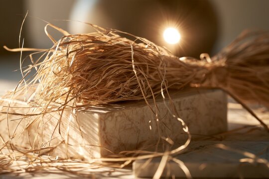 Bundle of dry raffia grass on marble podium in warm organic sunset light