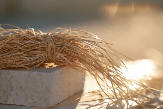 Bundle of dry raffia grass on marble podium in warm organic sunset light
