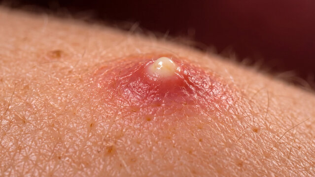 Inflammation showing a red, swollen pustule with white pus on human skin under bright lighting conditions.