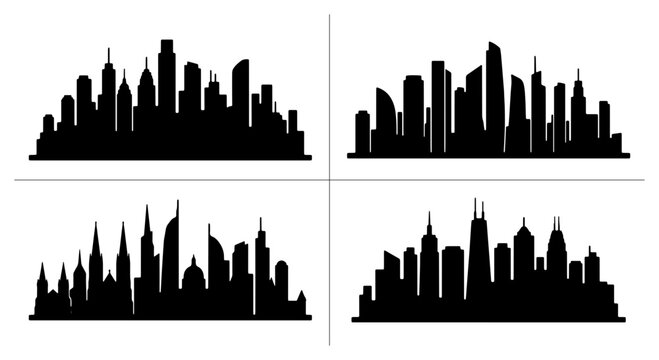 City skylines set with various modern buildings and landmarks, urban silhouettes for design