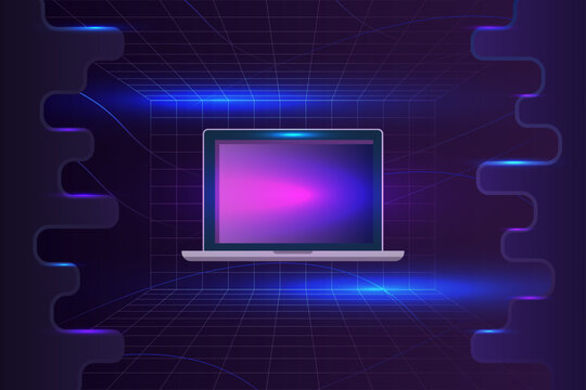 Futuristic laptop mockup in neon digital frame, abstract technology background for crypto, blockchain, metaverse. Editable screen template for cyber technology presentation