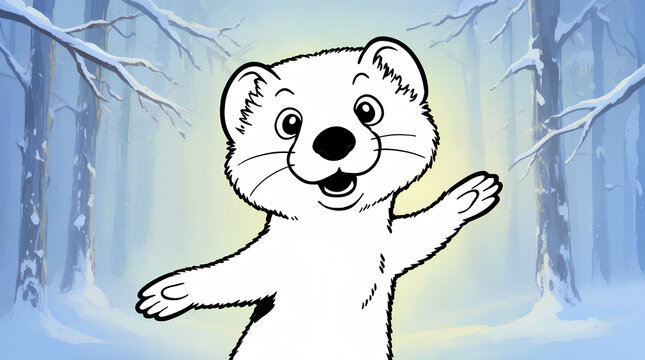 Cute cartoon ermine character with outstretched arms in snowy forest morning light, cheerful children illustration scene to use for design