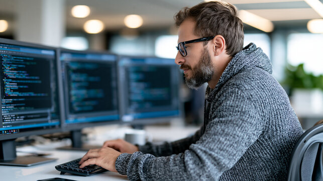 Male software engineer writing and debugging source code at a dual-monitor workstation, code editor visible on screens, contemporary office interior, programming professional,