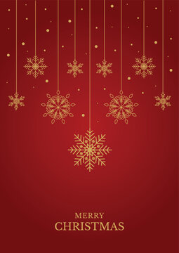 Luxury red christmas greeting card template with hanging gold line art snowflake ornaments and text space