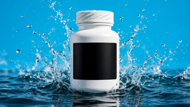 White plastic supplement bottle with blank label splashing in water against a bright blue background