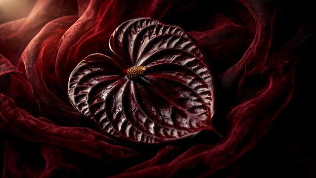 Dark red anthurium flower resting on soft draped fabric with dramatic moody lighting and shadows