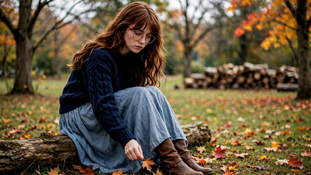 Young woman sitting on log in autumn park with fallen leaves and trees