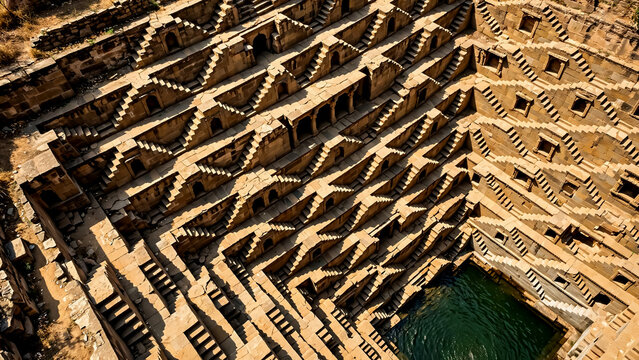 Ancient stepwell architecture with geometric stone terraces and central water pool