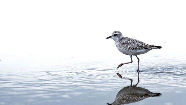 Seagull walking along calm shallow water with reflection