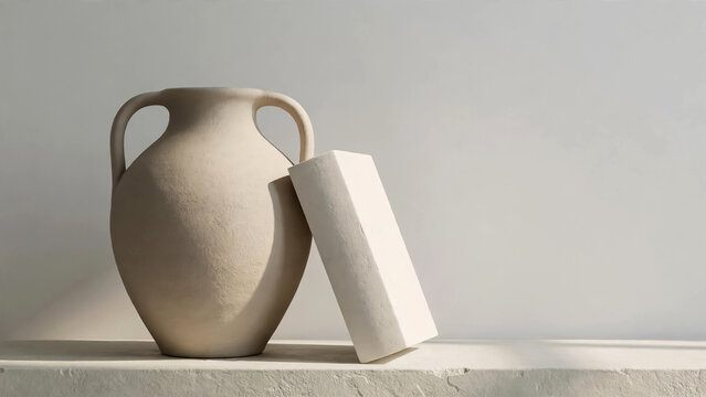 Beige ceramic vase with two handles and white rectangular block on shelf