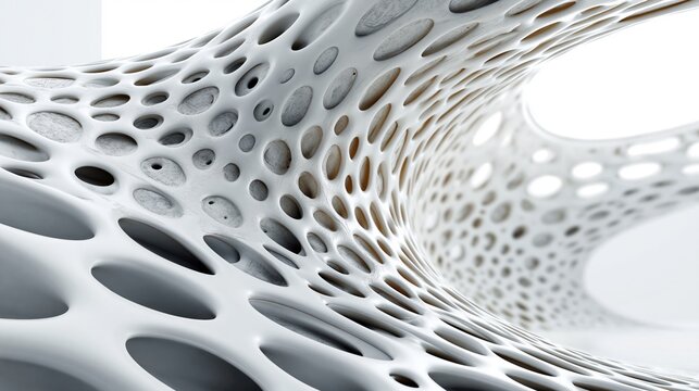 Abstract white organic perforated structure with flowing porous holes and curved tunnel form. Close-up of biomorphic cellular surface in minimal interior. Futuristic architecture