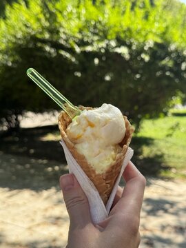 Delicious ice cream cone in hand in the park