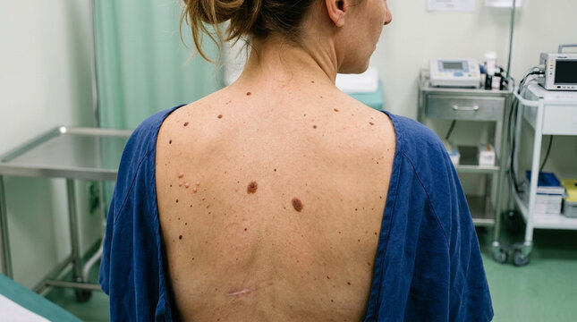 Dermatology patient with moles and birthmarks on back in examination room medical check up