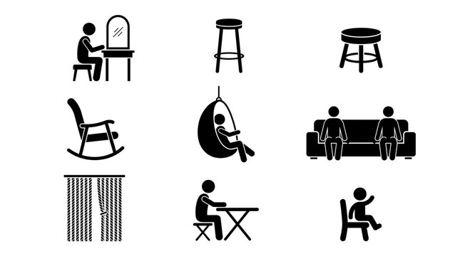 Minimalist chair icon set, stick figure sitting posture pictogram collection, home furniture black silhouettes, seat and stool graphics