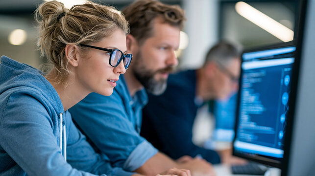 Diverse group of software developers collaborating around a monitor displaying source code and a relational database diagram, modern technology office, software engineering
