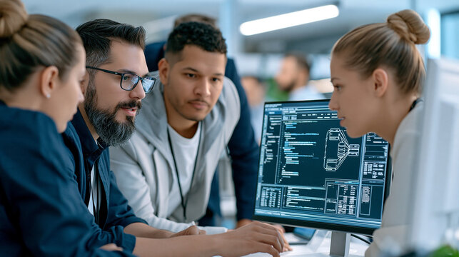 Diverse group of software developers collaborating around a monitor displaying source code and a relational database diagram, modern technology office, software engineering