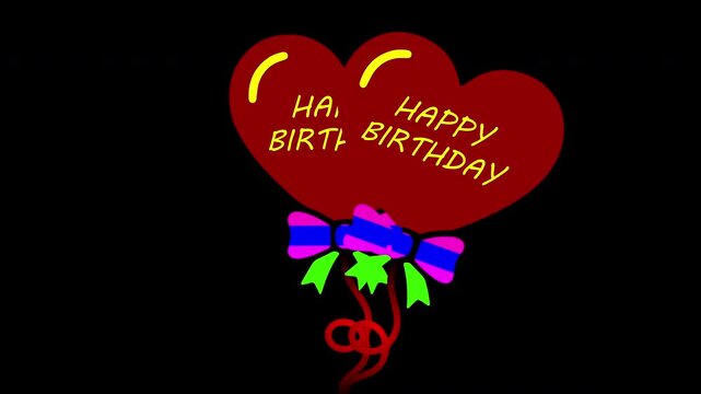 Double happy birthday heart balloons with ribbons vector icon animation isolated